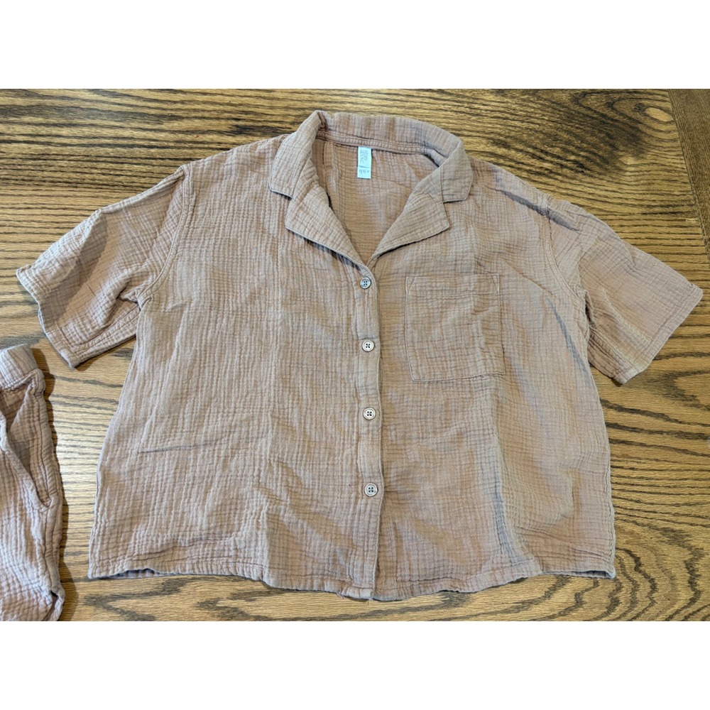 Stars Above Women Mauve Brown Cotton Gauze Pajama Set Top M Shorts L Loungewear